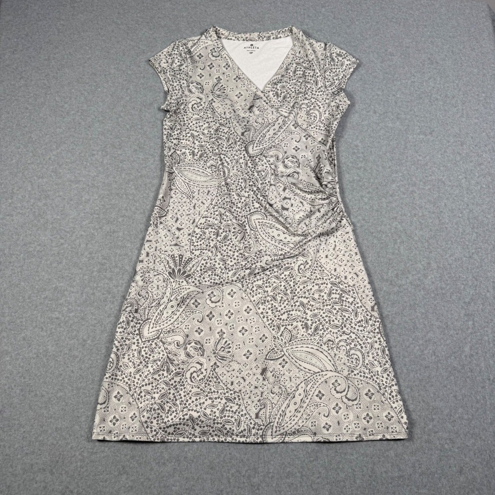 Athleta Faux Wrap Dress Grey White Paisley Floral Active Casual Comfy Small P
